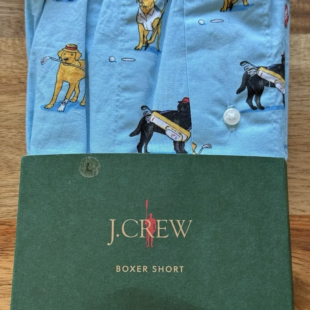 NWT J CREW Boxer Underwear Sz L Blue AOP Golf Dogs Caddy Comfort Oarsman 35-37